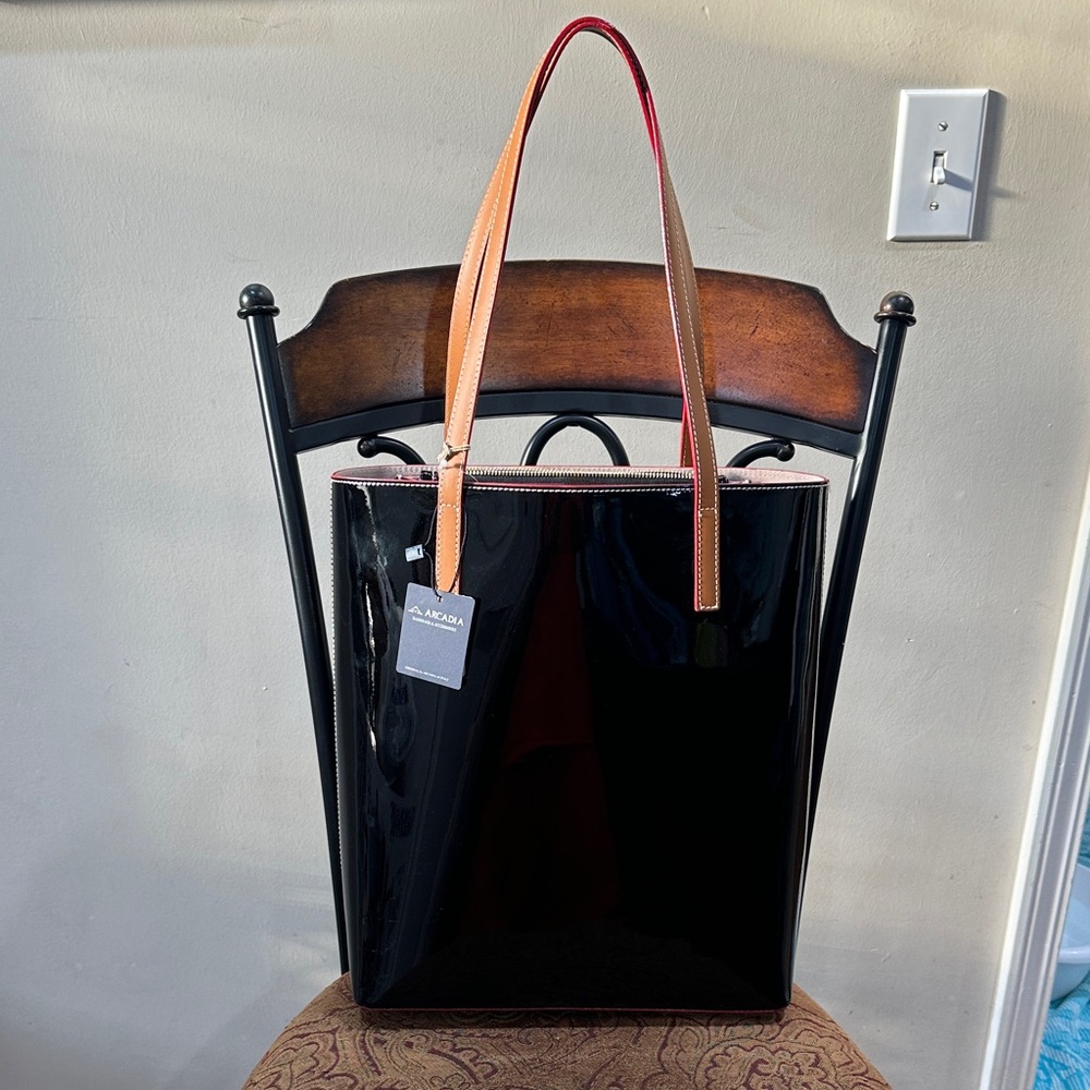 Arcadia Black Patent Tote with Tan and Red Handles